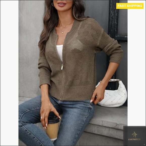 Crochet Cardigan Zipper Sweater Jacket Long Sleeve Ribbed Bomber - Picture 3 of 7